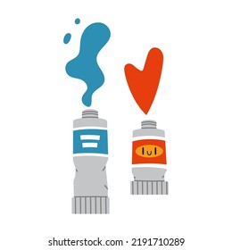Paint tubes, oil paint, acrylic, gouache or watercolor, cartoon style. Trendy modern vector illustration isolated on white background, hand drawn, flat design.