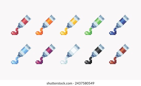 Paint tubes pixel art set. Dye package collection. Gel, pasta or cream 8 bit. Game development, mobile app. Isolated vector illustration. 