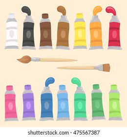 Paint Tubes Set and Brush Vector Illustration Cartoon