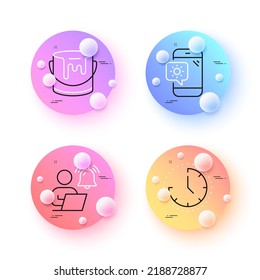 Paint, User notification and Time minimal line icons. 3d spheres or balls buttons. Weather phone icons. For web, application, printing. Tin of dye, Work notice, Clock. Travel device. Vector