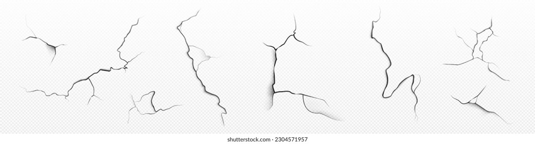 Paint wall crack effect vector set on transparent background. Isolated cleft pattern brush for grunge destruction design. Old plaster or stucco scratch edge shape realistic texture collection