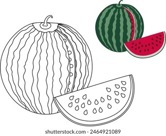 Paint a watermelon in a pattern. One piece of watermelon cut off from a whole watermelon on a white background for coloring. Watermelon on a white background