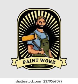 Paint Work Badge Emblem, Paint Worker Vintage Detailed Logo Vector