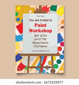 Plantilla de invitación de taller de pintura en caballete con paleta de acuarela de pincel y gouache Ideal para eventos de arte carteles volantes y proyectos de diseño creativo