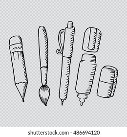 Paint and writing tools collection - Pen, pencil, eraser, brush, correction pen. Sketchy style.