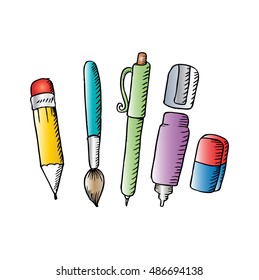 Paint and writing tools collection - Pen, pencil, eraser, brush, correction pen. Sketchy style.