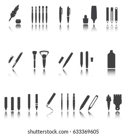 Paint and writing tools collection - pen, pencil, marker, brush. Vector icon,shadow reflection.