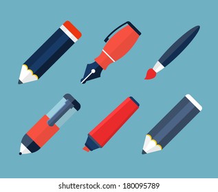 Paint and writing tools flat icons 