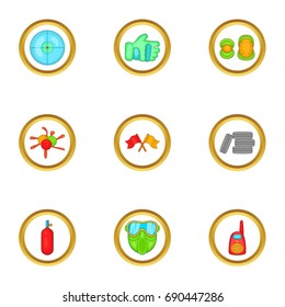 Paintball accessories icons set. Cartoon set of 9 paintball accessories vector icons for web isolated on white background