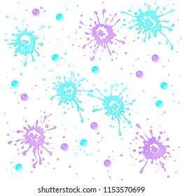 Paintball ammo and marking splashes on the white background. Vector seamless pattern. Purple and aquamarine traces and splatters. Cartoon gelatin capsules and blots for design of paintball club ads.