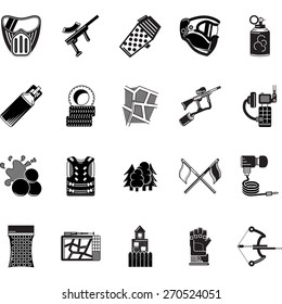 Paintball black icons vector collection. Set of black style vector icons for paintball equipment, accessory and objects on white background.