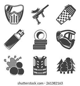 Paintball black vector icons. Set of black silhouette flat vector icons for paintball equipment and outfit on white background.
