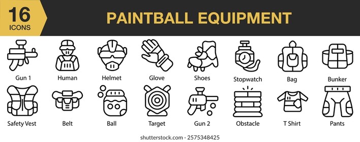 Paintball Equipment icon set. Includes equipment, extreme, sport, game, mask, protection, and More. Outline icons vector collection.