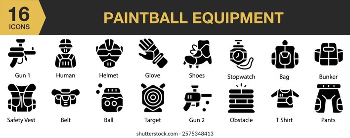 Paintball Equipment solid icon set. Includes equipment, extreme, sport, game, mask, protection, and More. Solid icons vector collection.