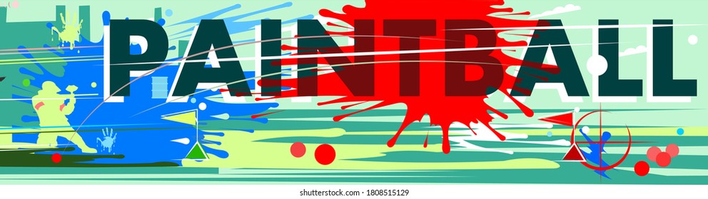 Paintball fight game illustration. Vector. Paint ball teams compete with pistols. Battle tactics. Player with a marker. Shooting from weapons. Banner inscription for t-shirts, advertising. Sport Club.