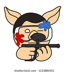 paintball game player pig that is shooting an air paintball marker gun while wearing safety goggles with splats,paint ball shooter with hit marks of dye filled balls aiming at his enemy