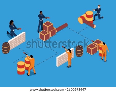 Paintball Game with Players, Barriers, and Obstacles on Blue Background 3d flat vector illustrations