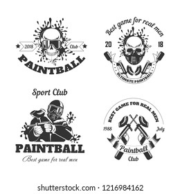Paintball Game Sport Club Logo Templates Of Gamer Shooting Target Or Paint Ball Gun And Man Skull In Paintball Mask With Ribbons And Stars. Vector Isolated Icons Set