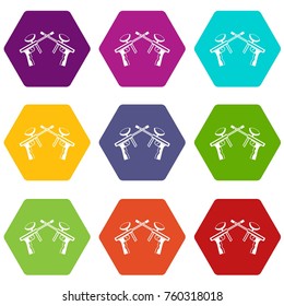 Paintball guns icon set many color hexahedron isolated on white vector illustration