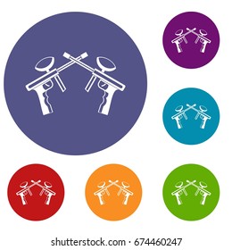 Paintball guns icons set in flat circle reb, blue and green color for web