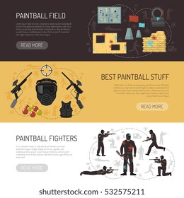 Paintball horizontal flat banners with players best stuff and field isolated vector illustration