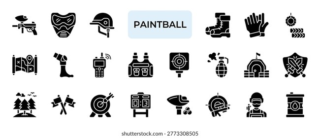 Paintball Icon set Collection in Glyph Two Color Style marker, goggle, helmet, boot, glove.