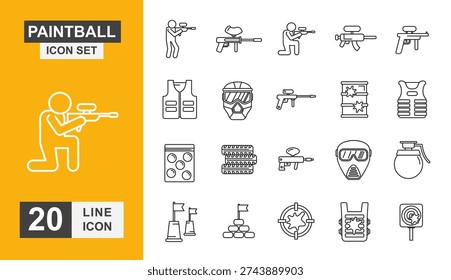 Paintball icon set. Weapon, tournament, gear, barrel, drip, player, splatter and more line icon.