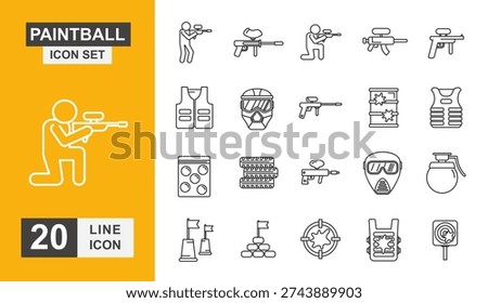 Paintball icon set. Weapon, tournament, gear, barrel, drip, player, splatter and more line icon.