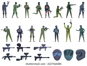 Paintball-Symbole setzen Cartoon-Vektorgrafik. Action-Spieler. Extremball