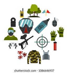 Paintball icons set. Flat illustration of 16 paintball vector icons for web