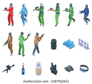 Paintball icons set isometric vector. Action player. Military shooting