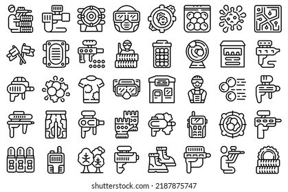 Paintball icons set outline vector. Action player. Extreme shooting