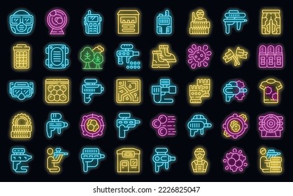 Los iconos de la bola de pintura establecen el vector de contorno. Reproductor de acción. Color de neón extremo de disparo en negro