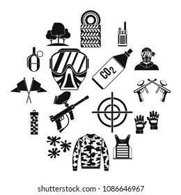 Ícones do Paintball definidos em estilo simples. Ilustração vetorial da coleção de conjuntos de equipamentos da Airsoft