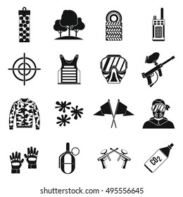 Paintball icons set in simple style. Airsoft equipment set collection vector illustration