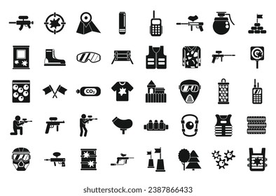 Paintball icons set simple vector. Action player. Military shooting extreme