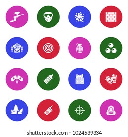 Paintball Icons. White Flat Design In Circle. Vector Illustration. 