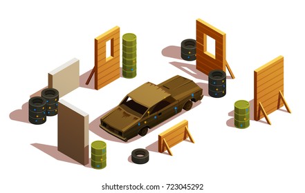 Paintball isometric composition with burned-out car surrounded by barriers and pieces of scenery with shadows vector illustration