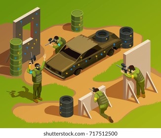 Paintball isometric composition with playground landscape fighter characters artificial barriers burned-out car and other debris vector illustration
