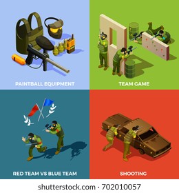 Paintball isometric design concept with pieces of protecting equipment artificial barriers and players during the game vector illustration