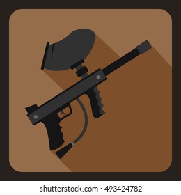 Paintball marker icon in flat style on a coffee background vector illustration