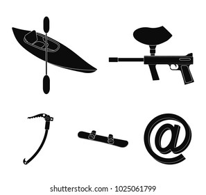 Paintball marker, kayak with a paddle, snowboard and climbing ice ax. Extreme sport set collection icons in black style vector symbol stock illustration web.