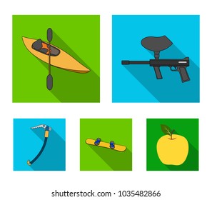 Paintball marker, kayak with a paddle, snowboard and climbing ice ax.Extreme sport set collection icons in flat style vector symbol stock illustration web.