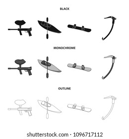 Paintball marker, kayak with a paddle, snowboard and climbing ice ax.Extreme sport set collection icons in black,monochrome,outline style vector symbol stock illustration web.