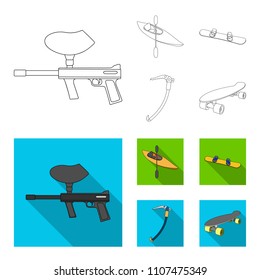 Paintball marker, kayak with a paddle, snowboard and climbing ice ax.Extreme sport set collection icons in outline,flat style vector symbol stock illustration web.