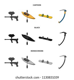 Paintball marker, kayak with a paddle, snowboard and climbing ice ax.Extreme sport set collection icons in cartoon,black,monochrome style vector symbol stock illustration web.