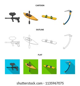 Paintball marker, kayak with a paddle, snowboard and climbing ice ax.Extreme sport set collection icons in cartoon,outline,flat style vector symbol stock illustration web.