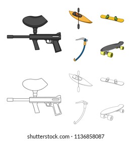 Paintball marker, kayak with a paddle, snowboard and climbing ice ax.Extreme sport set collection icons in cartoon,outline style vector symbol stock illustration web.