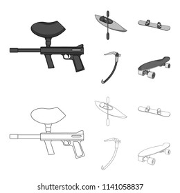 Paintball marker, kayak with a paddle, snowboard and climbing ice ax.Extreme sport set collection icons in outline,monochrome style vector symbol stock illustration web.