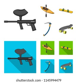 Paintball marker, kayak with a paddle, snowboard and climbing ice ax.Extreme sport set collection icons in cartoon,flat style vector symbol stock illustration web.
